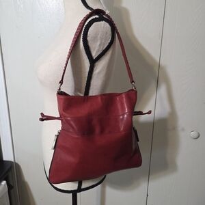 vtg italian red leather shoulder Slouchy Smile Style bag draw string expandable